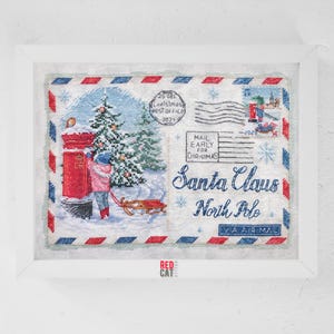 Carta a Papá Noel. Patrón de punto de cruz en PDF. Sobre para correo aéreo con sello postal. Maravilloso regalo de Navidad para hacer uno mismo o un recuerdo hecho a mano.