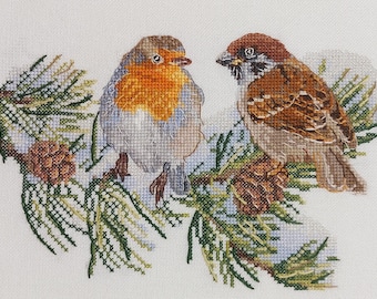 Robin and Sparrow on a snowy branch. Realistic birds cross-stitch pattern PDF DIY