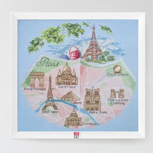 Patrón de punto de cruz con mapa turístico de París. Vacaciones en París, Torre Eiffel, Notre Dame, Sacre Coeur, Sena, bordado en PDF DIY