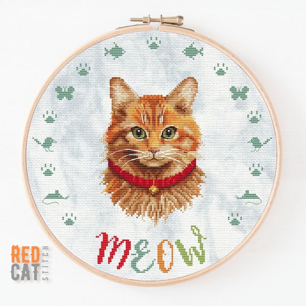 Red Cat cross-stitch pdf pattern. Noble ginger tabby cute funny pet. DIY souvenir or home decoration embroidery gift