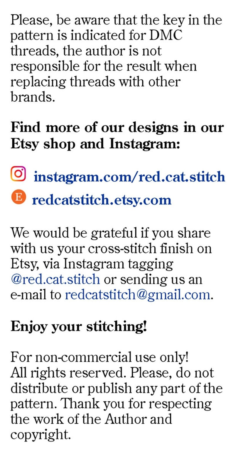 instagram.com/red.cat.stitch
  redcatstitch.etsy.com

We would be grateful if you share with us your cross-stitch finish on Etsy, via Instagram tagging @red.cat.stitch or sending us an 
e-mail to redcatstitch@gmail.com.