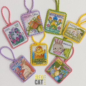 Easter ornaments set of 8 mini postage stamps. Cross-stitch pattern pdf DIY