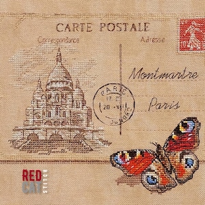 Postal antigua. París. Basílica del Sagrado Corazón de Montmartre. Patrón de punto de cruz archivo PDF DIY. Pequeño bordado romántico en estilo vintage.
