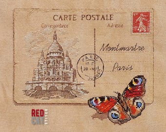 Paris Sacré Cœur vintage postcard cross-stitch pattern pdf DIY.