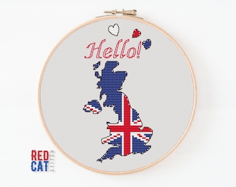 Britain Map Cross Stitch Pattern, UK Flag, Hello! (PDF Pattern