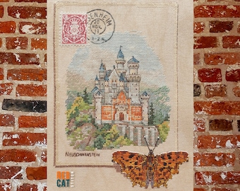 Germany Neuschwanstein Castle vintage postcard cross-stitch pattern pdf DIY.