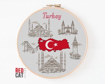 Turkey cross-stitch pattern PDF DIY. Map as a national flag and silhouettes of prominent landmarks