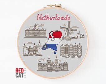 Netherlands cross-stitch pattern PDF DIY. Map as a national flag, silhouette of landmarks