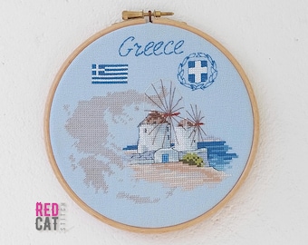 Greece cross-stitch pattern pdf DIY.  Mykonos island windmills. Map, flag and Coat of Arms.