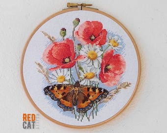 Tortoiseshell butterfly cross-stitch pattern pdf DIY. Realictic butterfly, poppy & daisy.