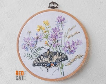 Swallowtail butterfly cross-stitch pattern pdf DIY. Realictic butterfly, meadow flowers.