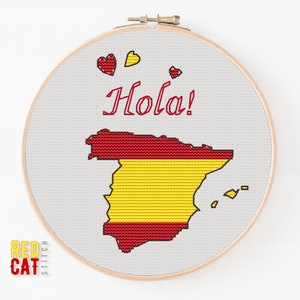 Spain travel mini cross-stitch pattern. Spain embroidery map as a national flag and greeting Hola! DIY, PDF digital file.