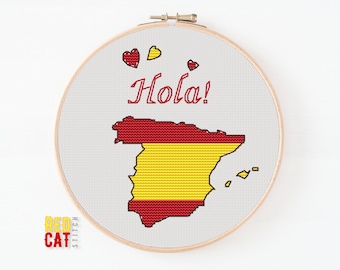 Spain mini cross-stitch pattern PDF DIY. Map as a national flag, greeting Hola!
