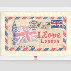 London Airmail Kreuzstichmuster, Briefumschlag Briefmarke, Sehenswürdigkeiten UK, Big Ben, Love, Flagge Stickerei Geschenk Grüße DIY PDF
