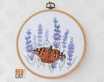 Painted Lady  butterfly in Lavender cross stitch pattern pdf DIY.