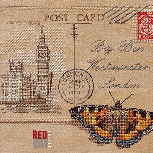 Cartão postal antigo. Londres. Big Ben, padrão de ponto cruz. Bordado romântico em estilo vintage como lembrança da sua viagem ou como presente feito à mão.