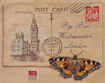 London Big Ben vintage postcard cross-stitch pattern pdf DIY.