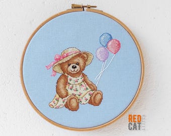Teddy Bear with Balloons cross-stitch pdf pattern DIY