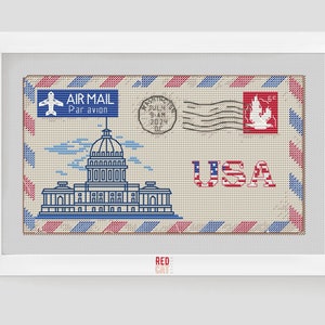 Washington DC Airmail viaggio schema punto croce francobollo postale busta, Campidoglio degli Stati Uniti USA stelle e strisce ricamo regalo fai da te pdf