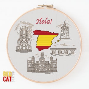 Spanien Kreuzstichmuster. Spanische Landkarte als Nationalflagge, Silhouette berühmter Baudenkmäler. DIY PDF digitale Datei.