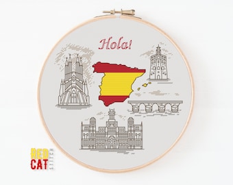 Patrón de punto de cruz de España en PDF para bordar. Mapa como bandera nacional, silueta de monumentos arquitectónicos.