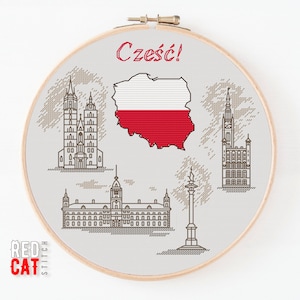 Patrón de punto de cruz de Polonia. Basílica de Cracovia, Ayuntamiento de Gdansk, Castillo Real de Varsovia, Columna de Segismundo y un mapa como bandera nacional.