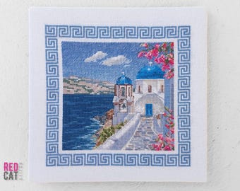 Santorini Greece cross stitch pattern pdf DIY. Blue Domes Church