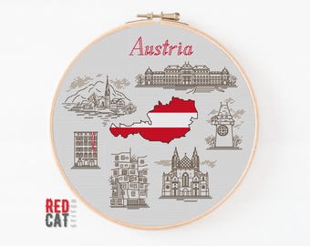 Austria cross-stitch pattern PDF DIY. Map as a national flag, silhouettes of landmarks