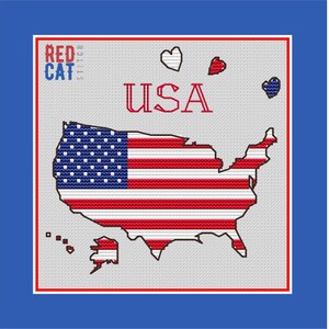 Chart and keys. Hello USA cross stitch pattern decoration patriotic greetings map Star and Stripes, PDF instant download, designed without AI, AI-free design guarantee