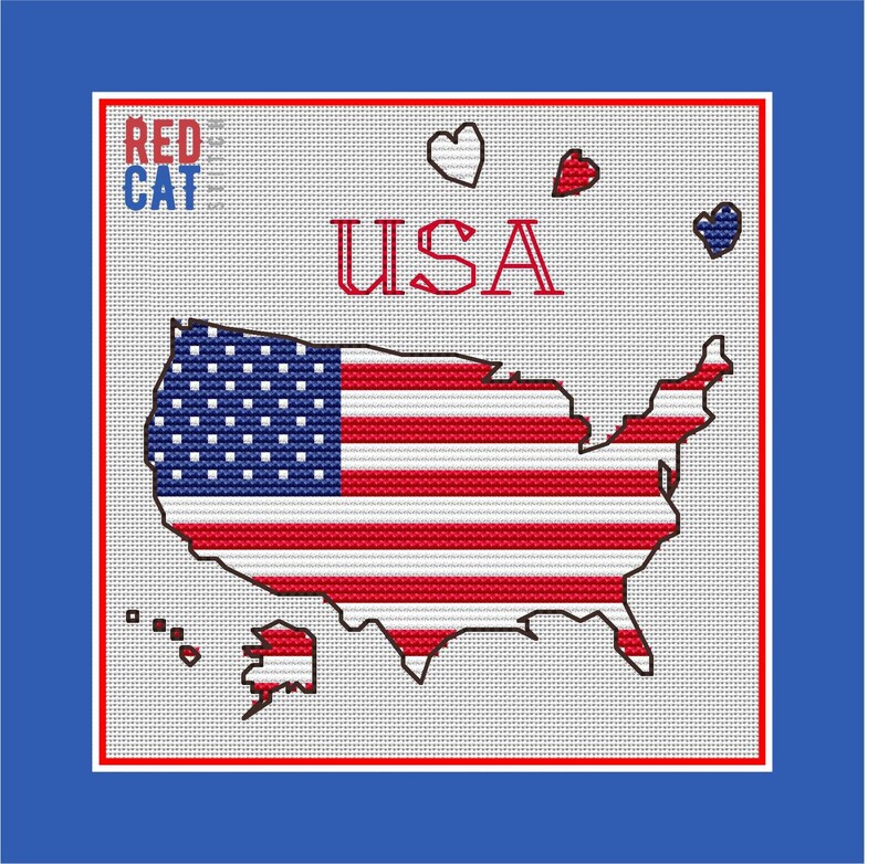 Chart and keys. Hello USA cross stitch pattern decoration patriotic greetings map Star and Stripes, PDF instant download, designed without AI, AI-free design guarantee
