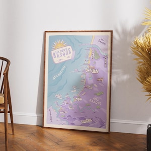 Mapa de la costa vasca, océano, pastel, impresión con temática de surf, arte retro de surf, puesta de sol, ilustración de surf, póster, póster