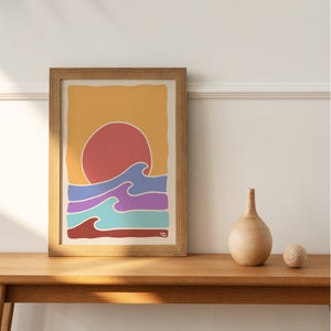 Surf sunset, surf themed print, retro surf art, sunset, surf illustration