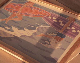 May include: Framed art print featuring two figures surfing. One figure is holding an orange surfboard with flame designs, the other is holding a purple surfboard with a checkered design. The artwork is set against a blue and white ocean backdrop.