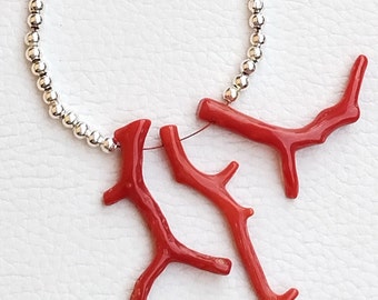 Red Coral Branch Beads with Silver Balls, Side Drilled, Loose Osam Beads A455