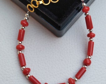 Bracciale 3 File In Corallo Rosso Naturale | Perle Irregolari Chip 8 Pollici - Foto 4