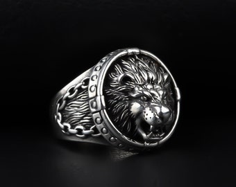 Leo Men Ring • Sterling Silver Lion Men Ring • Cat Men's Ring • Signet Leo Ring • Handmade Maned Lion Ring • Silver Design Silver Men's Ring