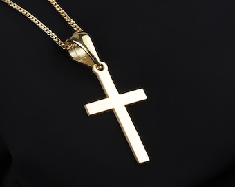 Men Cross Necklace • Gold Cross Pendant • Religious Jewelry •Sterling Silver Jesus Crucifix Necklace •Catholic Pendant •Cuban Chain Necklace