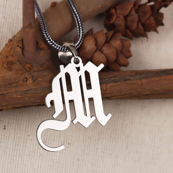 Gothic Letter Men Necklace • Sterling Silver Custom Initial Necklace • Personalized Old English Pendant • Old English Initial Necklace