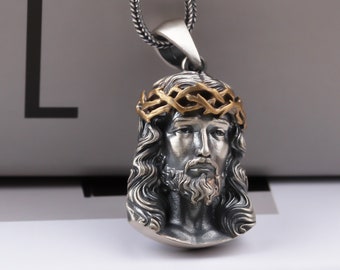 Sterling Silver Jesus Head Pendant • Jesus Christ Silver Men Jewelry • Religious Christian Necklace • Christ Crucifix Pendant • Cross Charm