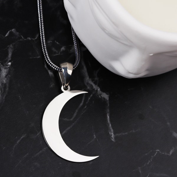 Crescent Men Necklace • Half Moon Pendant • Sterling Silver Crescent Moon Necklace • Moon Charm Necklace • Shiny Crescent Men's Necklace