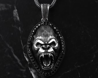 Gorilla Men Necklace • Sterling Silver Gorilla Head Pendant • Animal Jewelry •African Gorilla Necklace •King Kong Animal Charm •Animal Lover