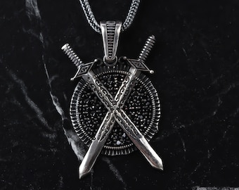 Sterling Silver Double Sword Necklace: Norse Viking Warrior Pendant