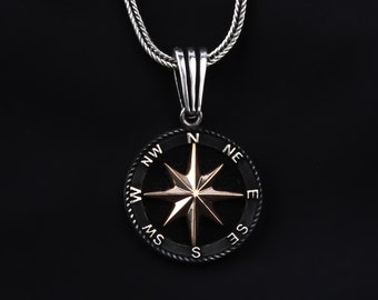 North Star Men Necklace • Silver Compass Engraved Necklace • Nautical Silver Necklace • Compass Pendant • Sterling Silver Sailor Men Pendant