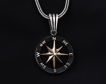 Sterling Silver North Star Necklace: Engraved Compass Pendant