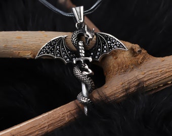 Dragon Men Necklace • Sterling Silver Mythology Jewelry • Dragon Sword Men's Necklace • Sword Pendant • Wild Animal Charm •Best Gift For Men