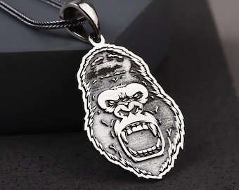 African Gorilla Men Necklace • King Kong Pendant • Sterling Silver Gorilla Head Necklace • Gorilla Men Jewelry • Animal Lover Pendant