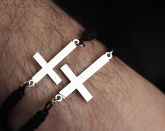Cross Name Men Bracelet • Custom Name String Bracelet • Sterling Silver Personalized Bracelet •Initial Cross Bracelet •Birthday Gift For Him