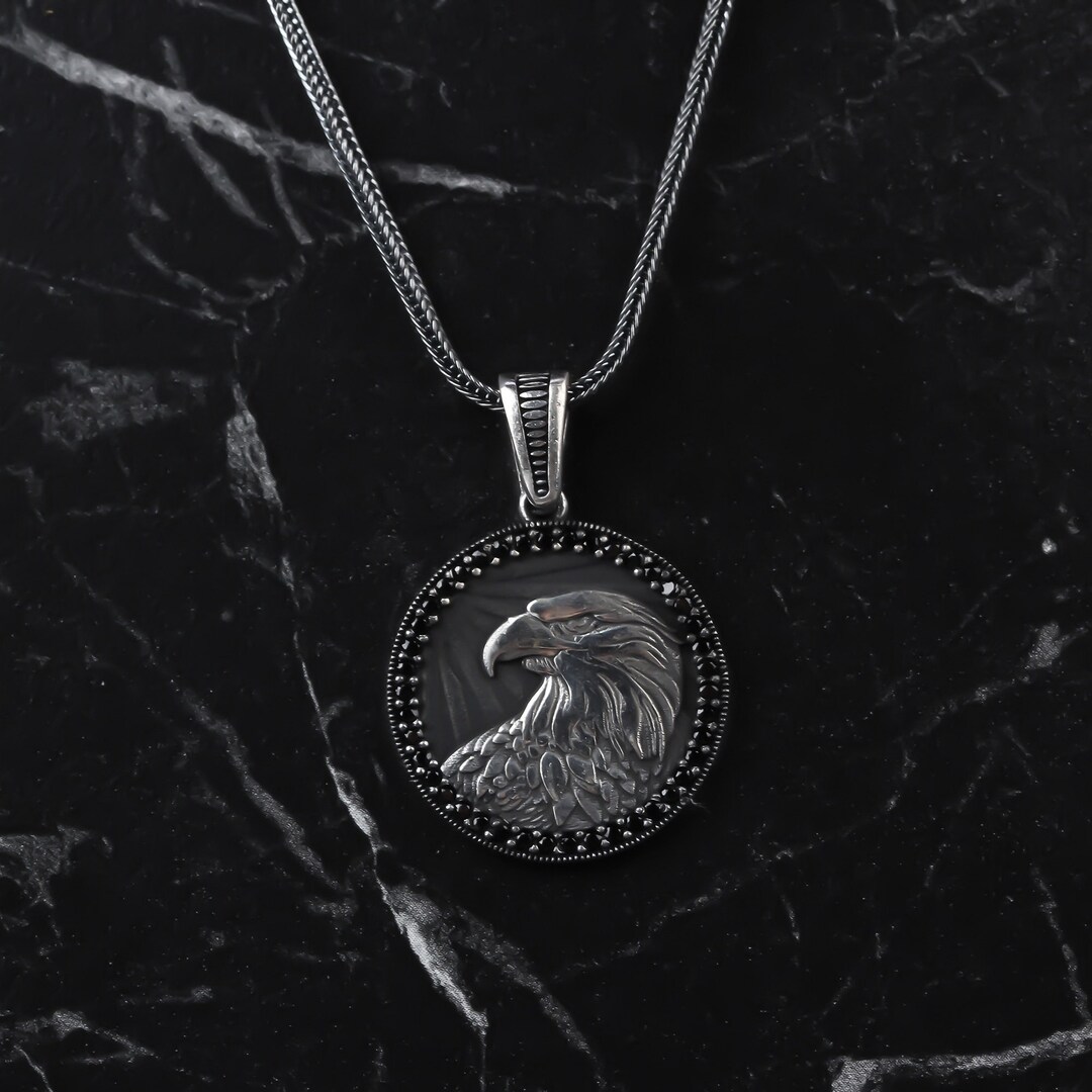 American Eagle Men Necklace Silver Eagle Pendant Eagle Head Medallion