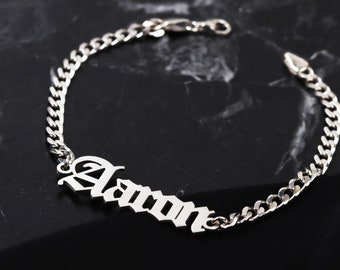 Personalized Name Men Bracelet • Custom Gotik Name Bracelet • Sterling Silver Curb Chain Name Bracelet • Gold Old English Name Bracelet