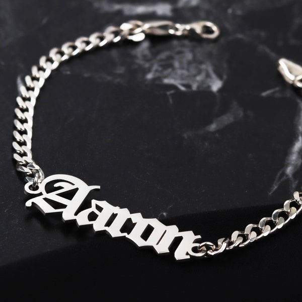 Personalized Name Men Bracelet • Custom Gotik Name Bracelet • Sterling Silver Curb Chain Name Bracelet • Gold Old English Name Bracelet